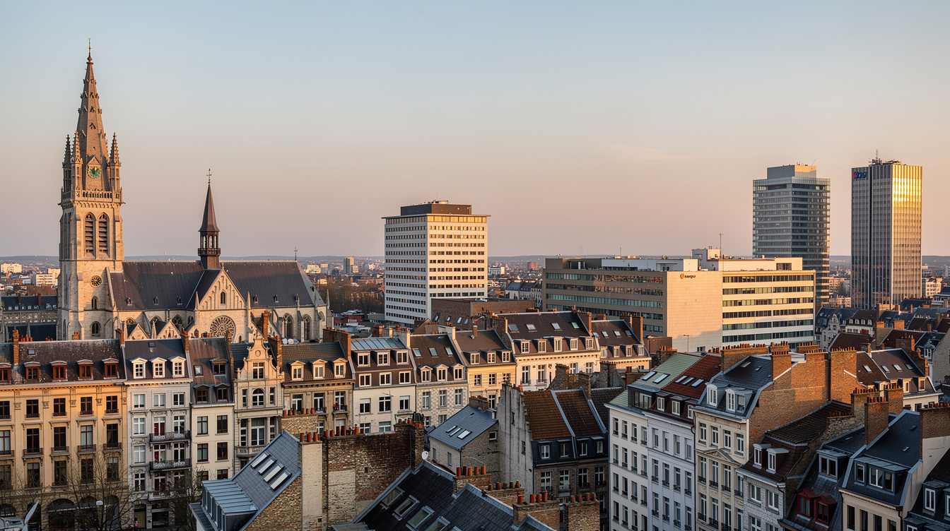 Brussels city skyline at dusk with warm lights